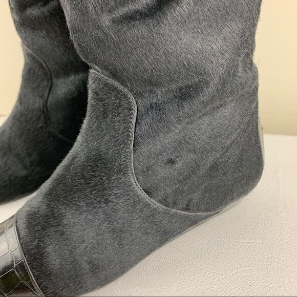Migliorini Black Calf-Hair Tall Wedge Boots Back-Lace Detail‎ - Picture 11 of 16